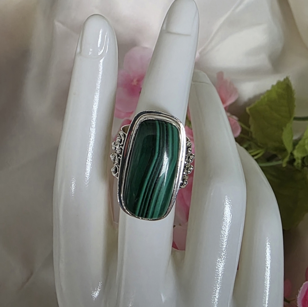 Sterling Silver Rectangle Malachite Green Stone R… - image 1